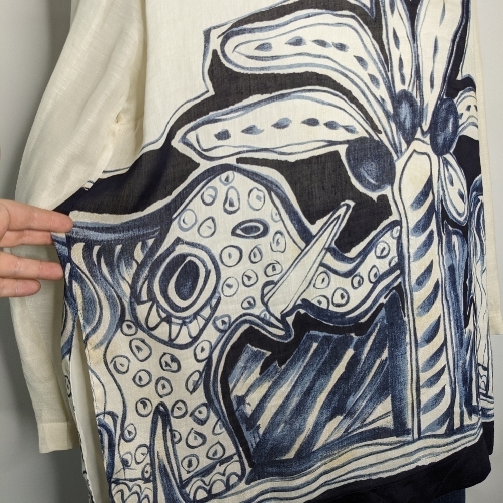 Vintage Dorothy Schoelen Platinum white blue tan tie closure cardigan jacket L - Picture 8 of 12